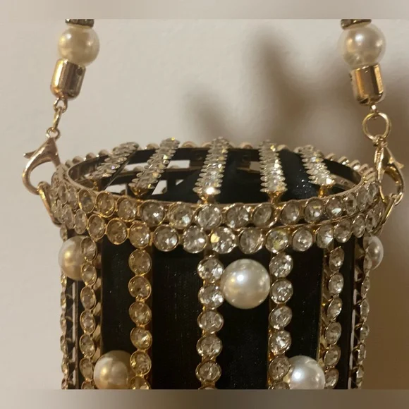 Metallic Cage Evening Bag with Pearls & Rhinestones Bucket Clutch Purse - Picture 8 of 14